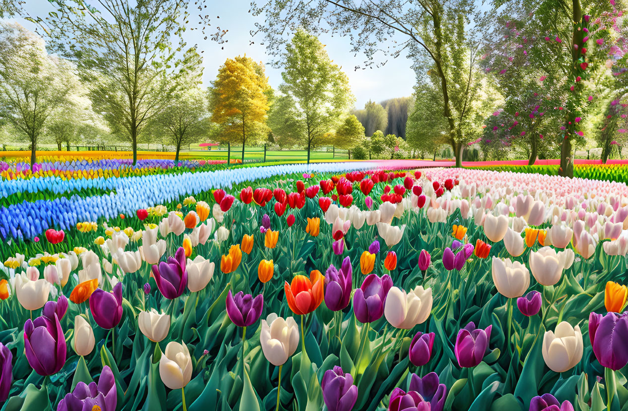 Colorful tulip field surrounded by blooming trees under clear sky