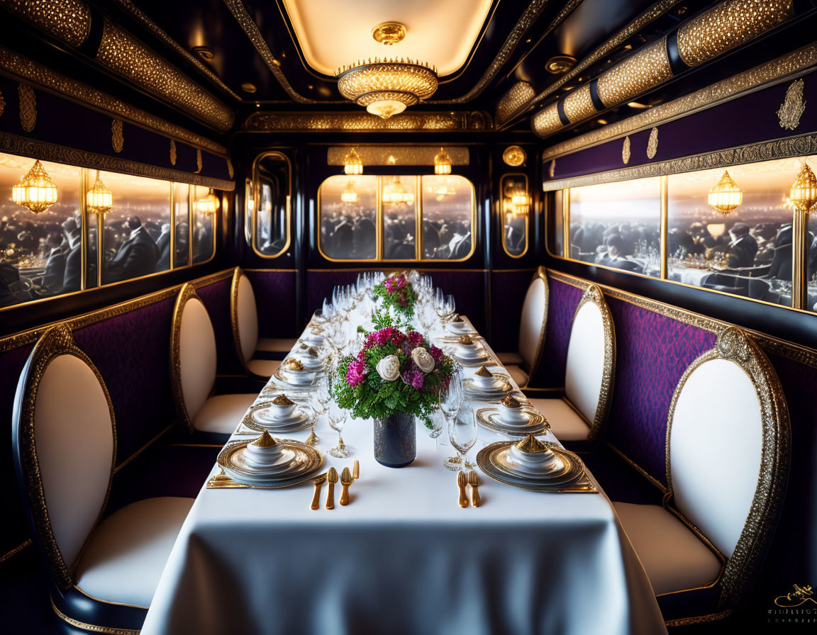 Elegant dining room on a luxurious train carriage with plush purple seating and ornate golden details