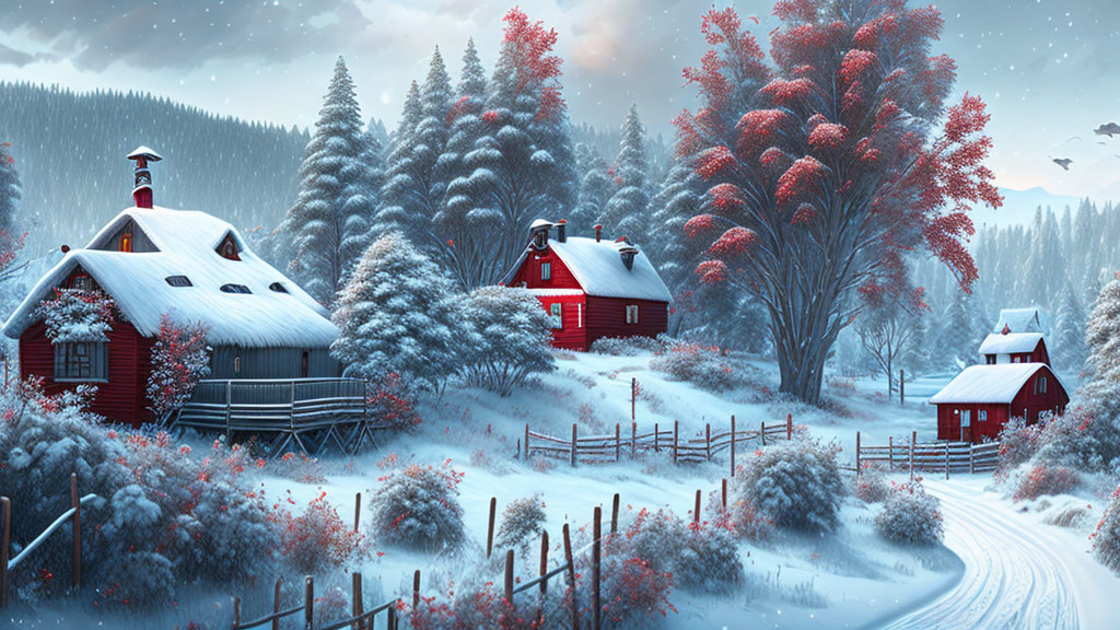 Snow-covered red houses and pine trees in serene winter landscape