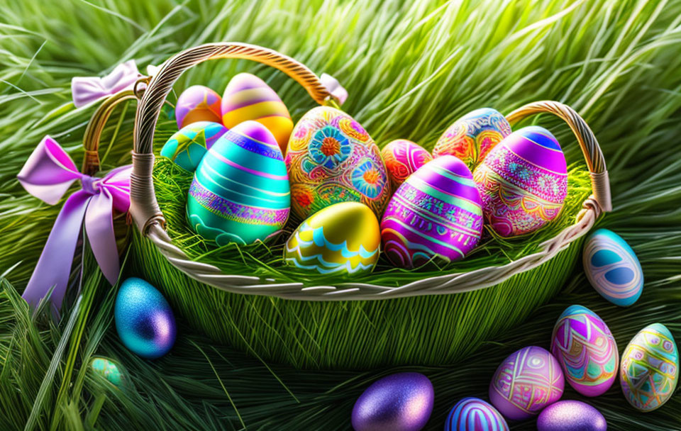 Wicker Basket with Purple Ribbon & Colorful Easter Eggs in Grass