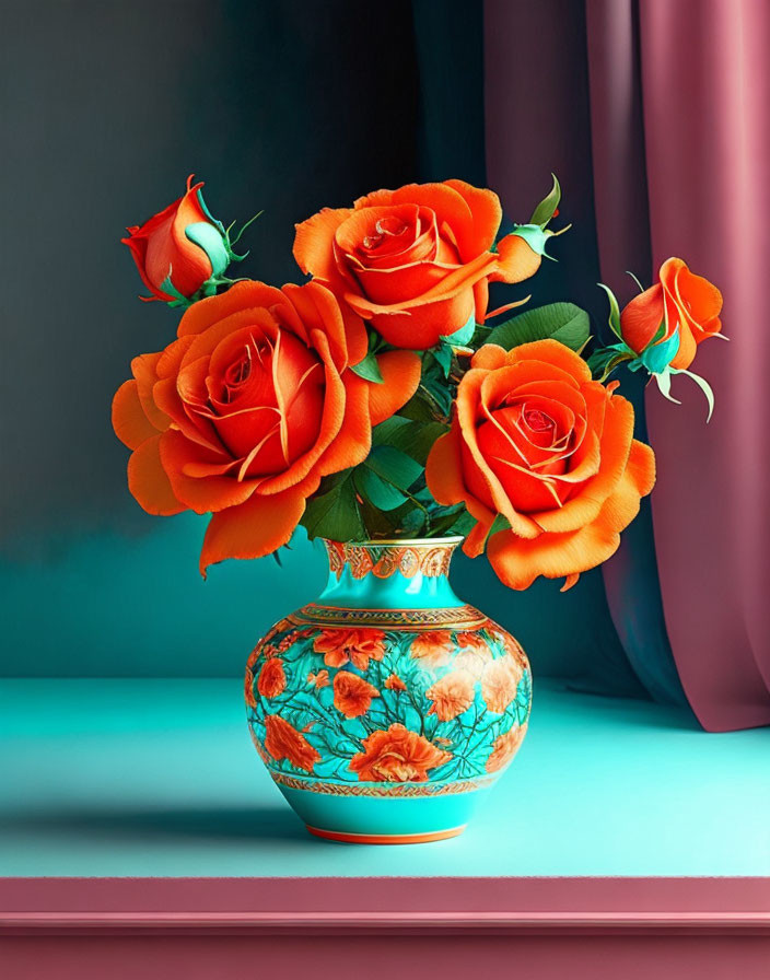 Orange roses bouquet in decorative vase on teal and pink drapery