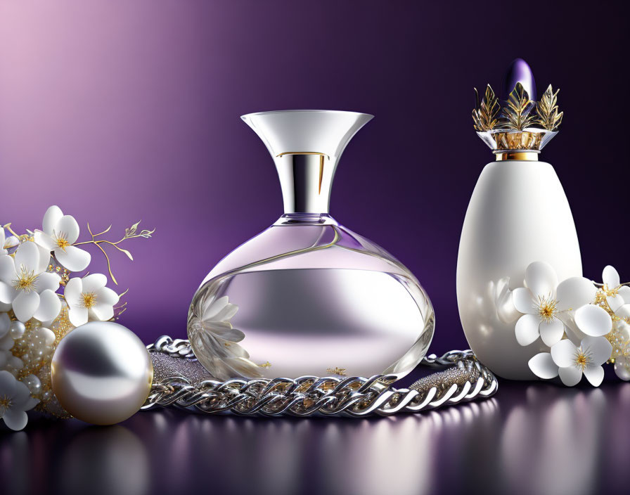 Luxurious perfume bottles with golden accents, white flowers, silver chain on purple backdrop