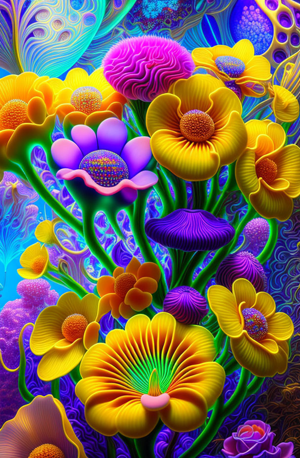 Colorful digital art: stylized flowers and mushrooms in psychedelic patterns.