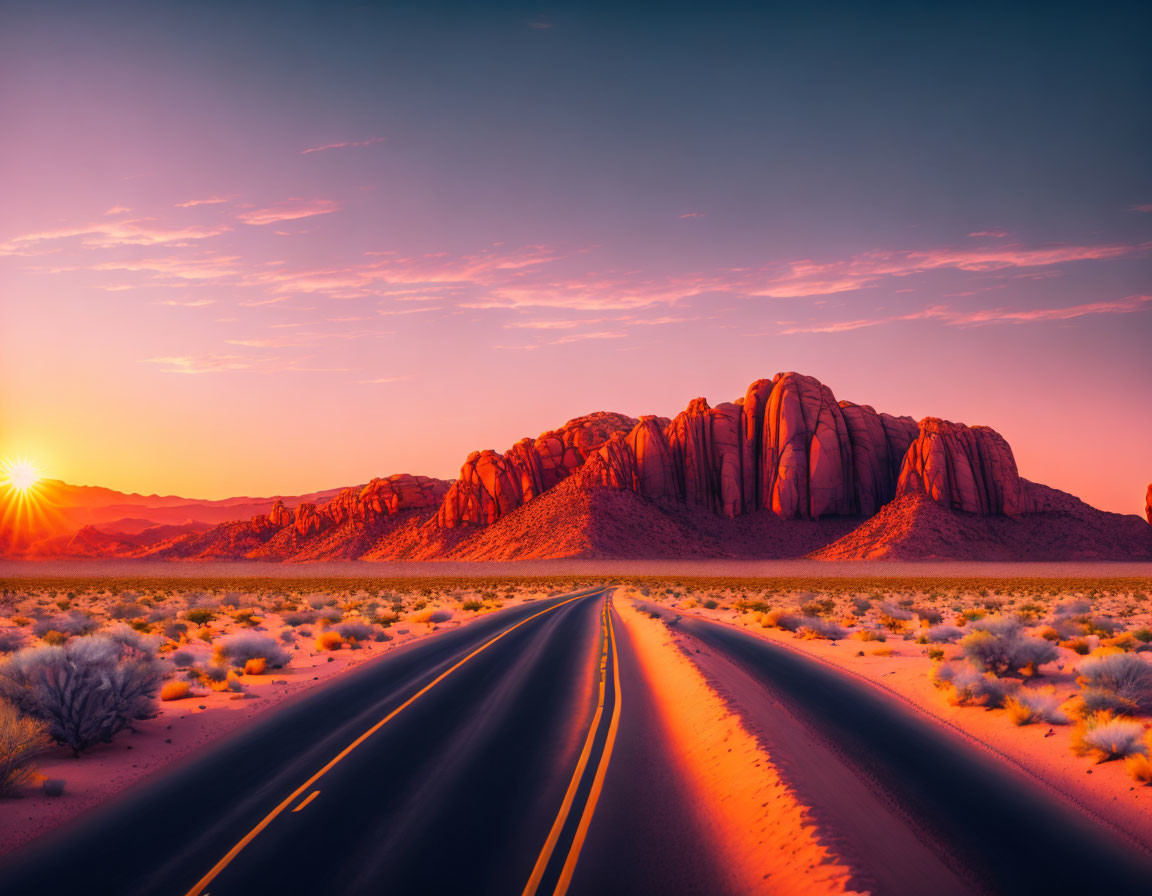 Desert landscape with road and towering rock formations at sunset