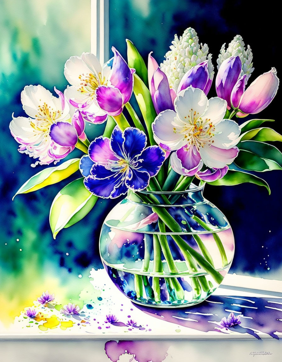 Colorful Watercolor Painting of Flowers in Glass Vase on Windowsill