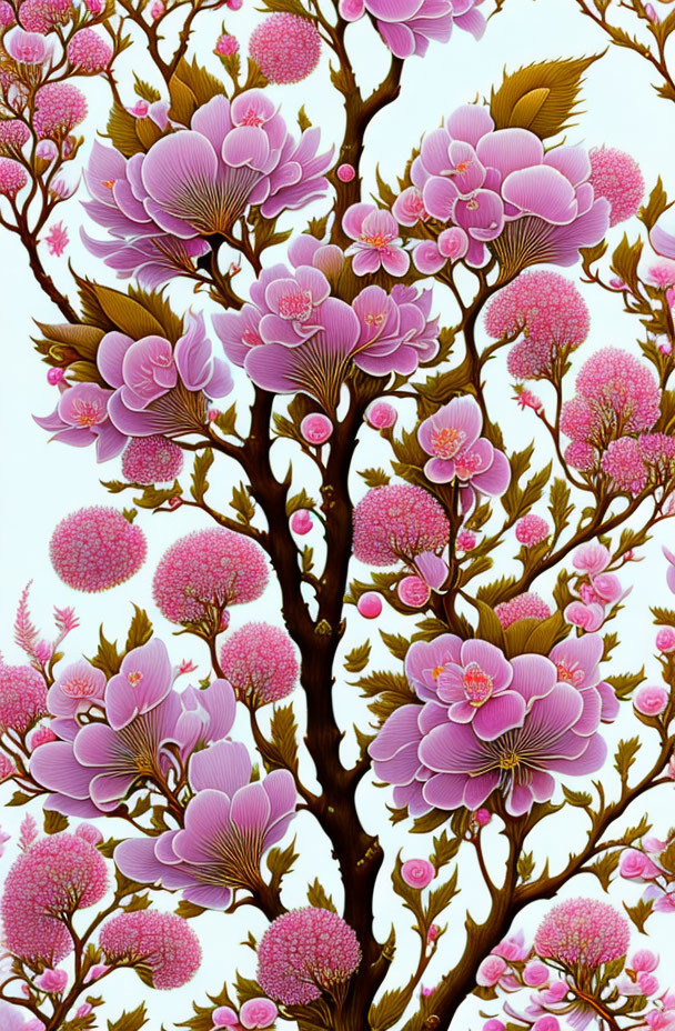 Detailed depiction of flowering tree with pink blossoms and brown trunk on light backdrop