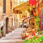 Sunny cobblestone street with fruit stands and lush plants