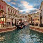 Venice illustration: gondolas, arched bridge, colorful buildings