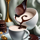 Chocolate-themed still life with hot chocolate, whipped cream, melted chocolate, chocolate pieces, and gold cup