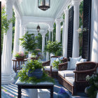 Blooming flowers on porch with white columns