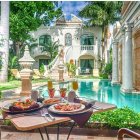 Elegant Poolside Setting with Tropical Plants and Food Platters