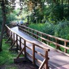 Tranquil lake scene with wooden walkway and lush greenery