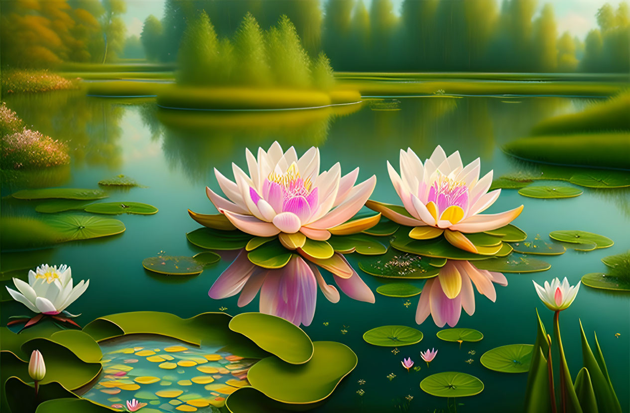 Tranquil pond scene with water lilies and greenery under soft-glowing light