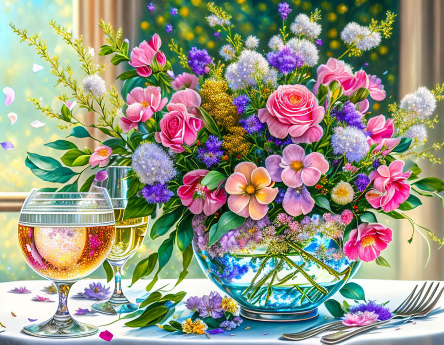 Colorful Flower Bouquet and Wine Glass by Window Greenery