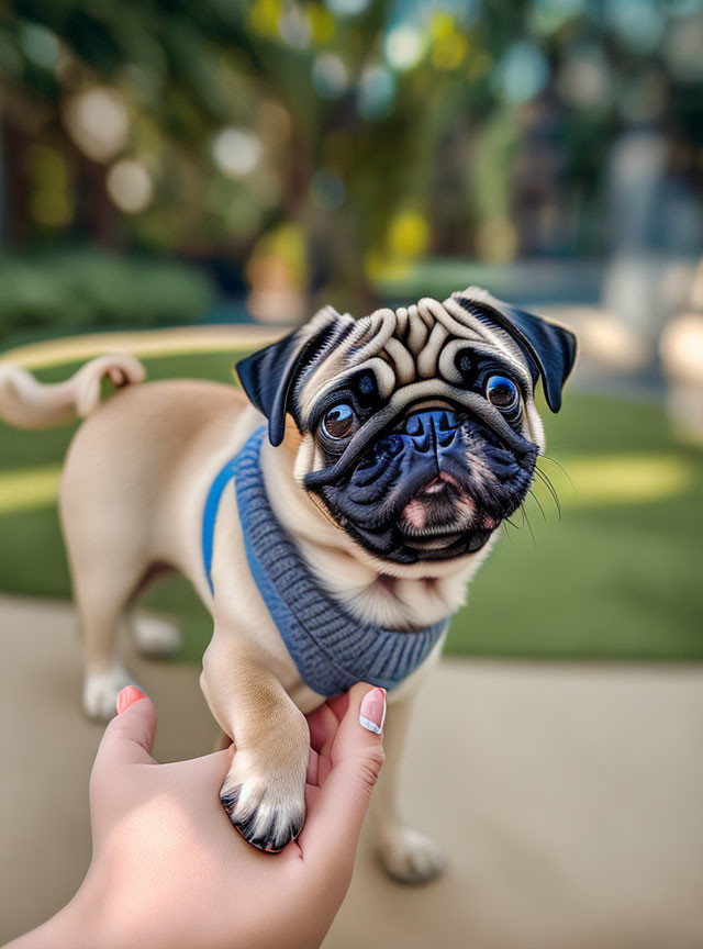 Curious pug dog in blue sweater held outdoors.