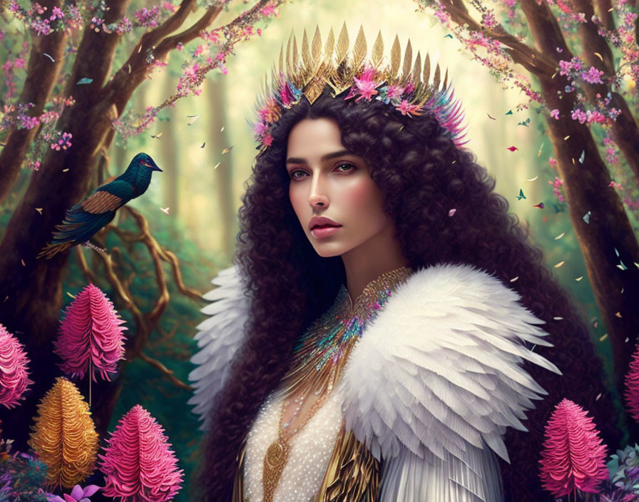 Woman in crown and feathered cloak in magical forest with pink blossoms and iridescent bird