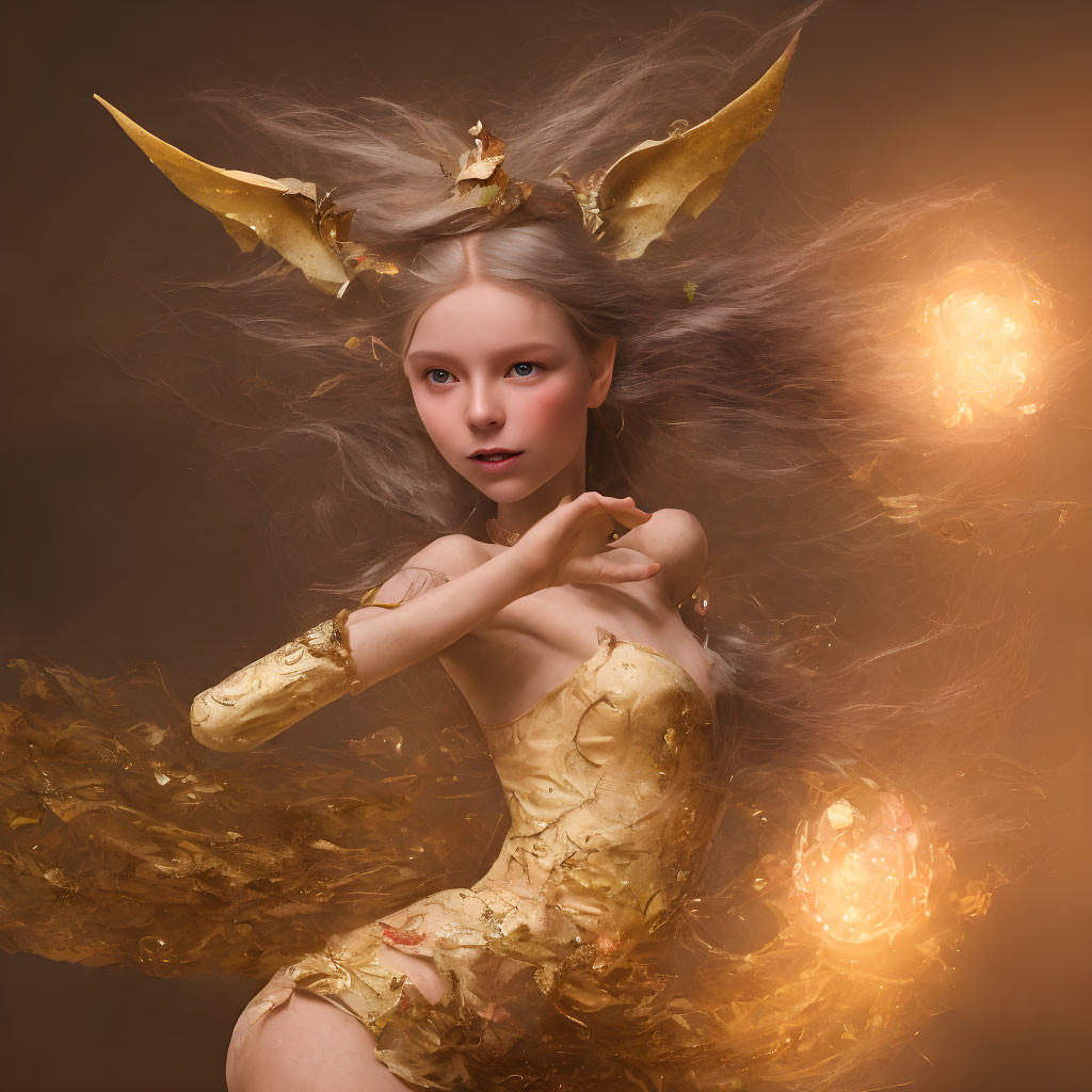 Golden-horned mystical creature with glowing orbs and gilded body in ethereal setting