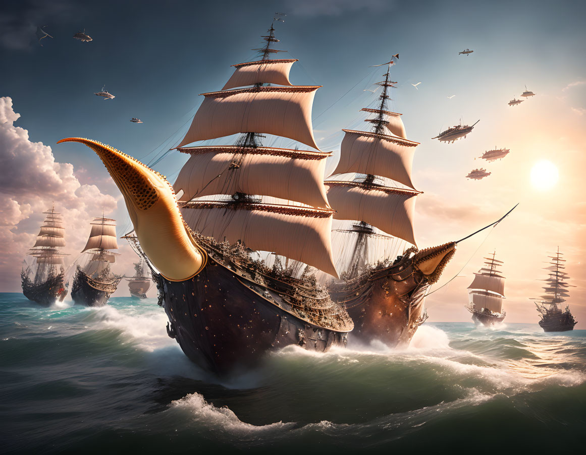 Fantasy scene: majestic sailing ships with tentacles, dramatic sky.