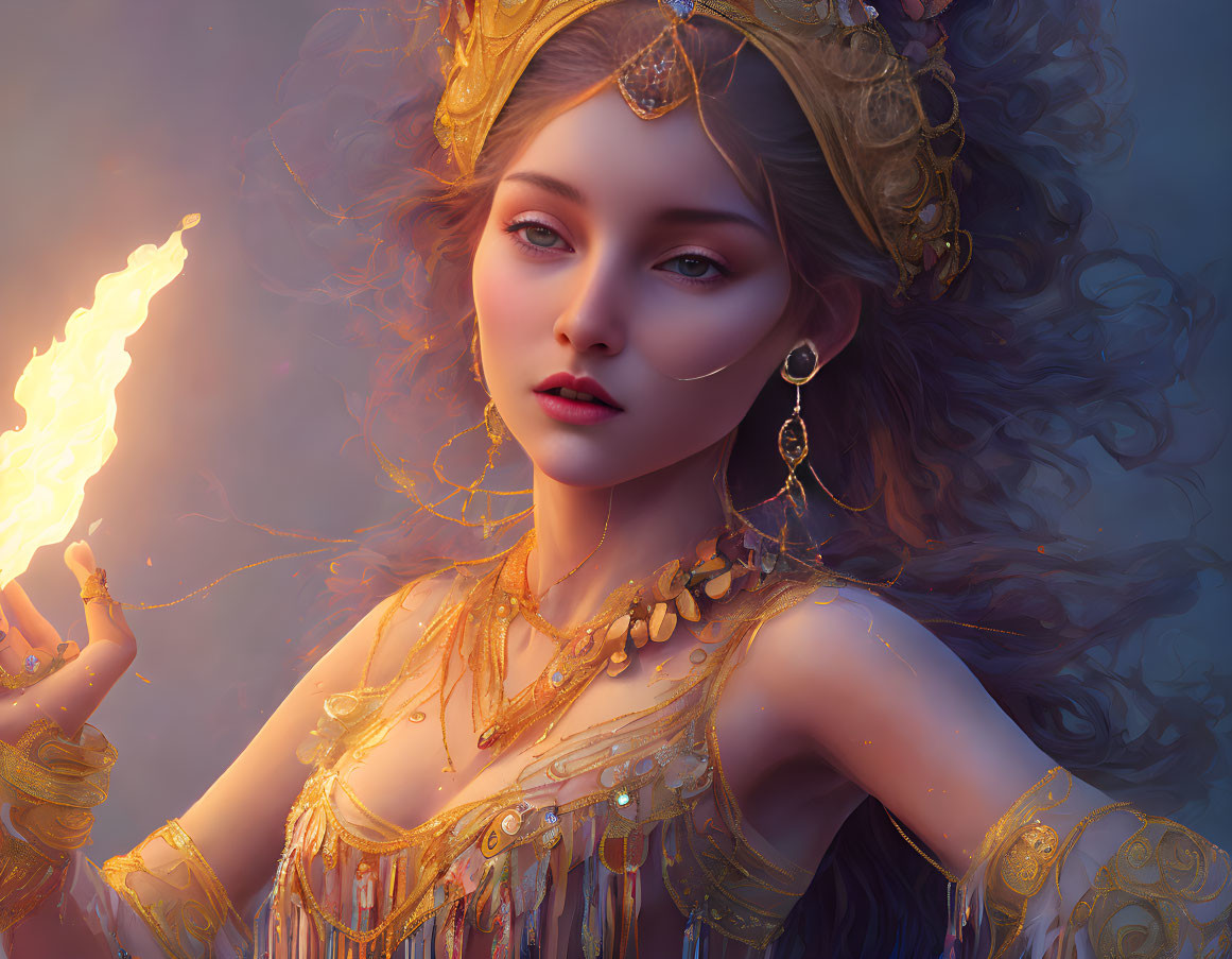 Regal woman with golden jewelry and fiery flame in ornate crown