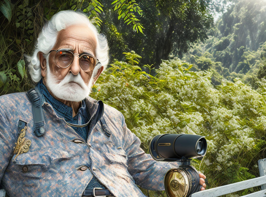 Elderly man with white hair and beard holding a telescope in lush greenery