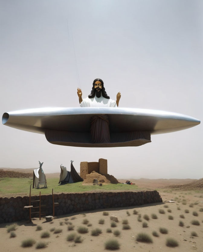 Religious figure in UFO above desert landscape with Bedouin tents and ruins