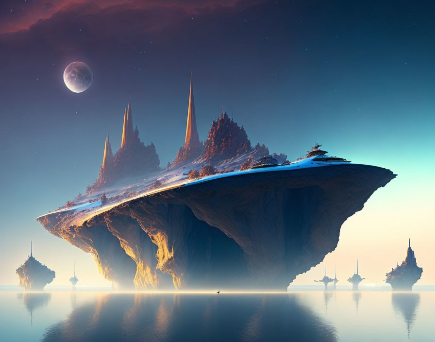 Sci-fi landscape with floating islands, spaceship, planets, and moon