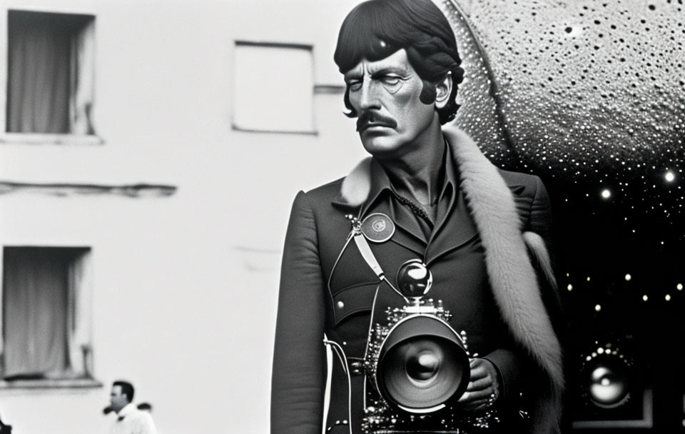 Vintage black-and-white photo: person with large mustache in coat with medals, fur collar, holding