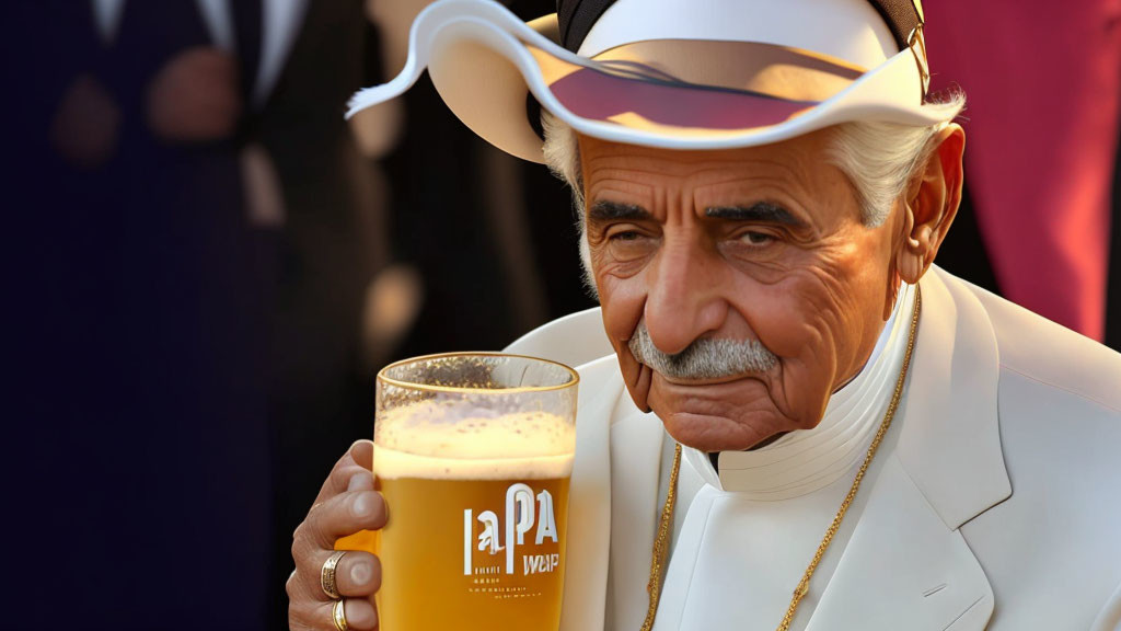 Elderly man in white suit and hat with beer glass, people in background