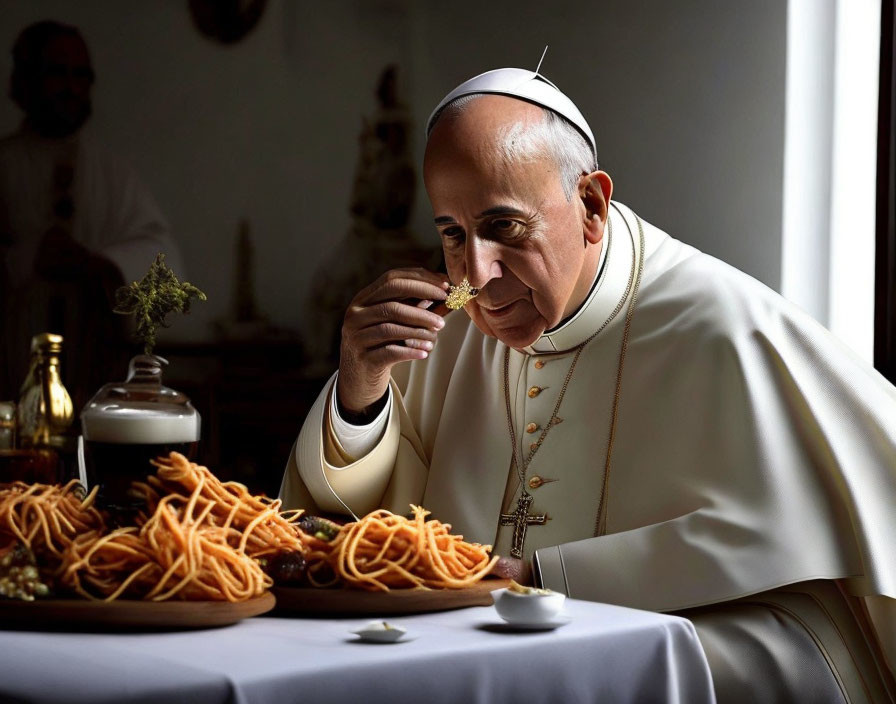 Pope eating spaghetti at table with food items and blurred person.