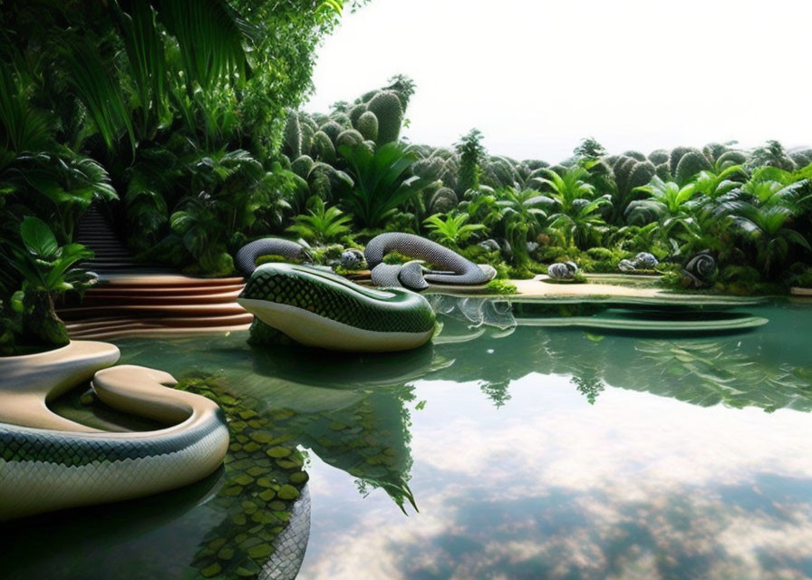 Tranquil pond with lush greenery and fantastical snake sculptures