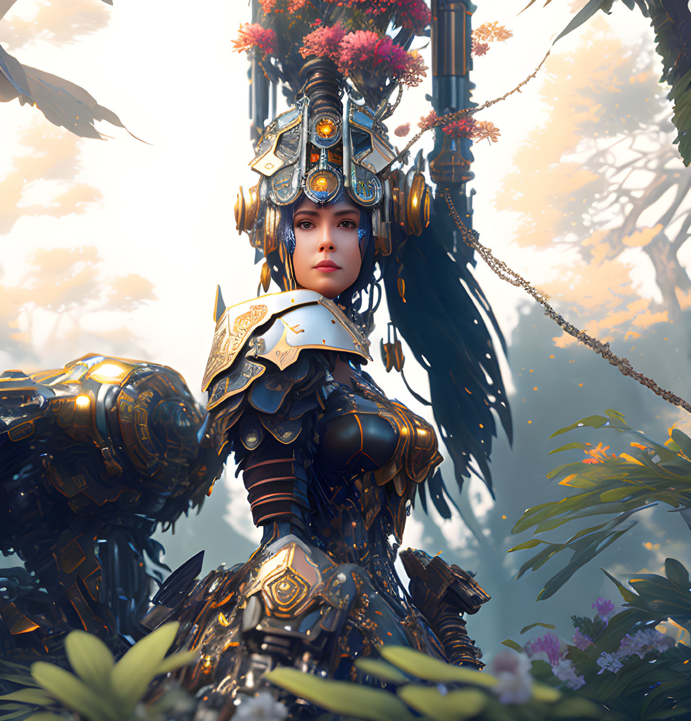 Woman in ornate armor and futuristic helmet amidst lush foliage in thoughtful pose