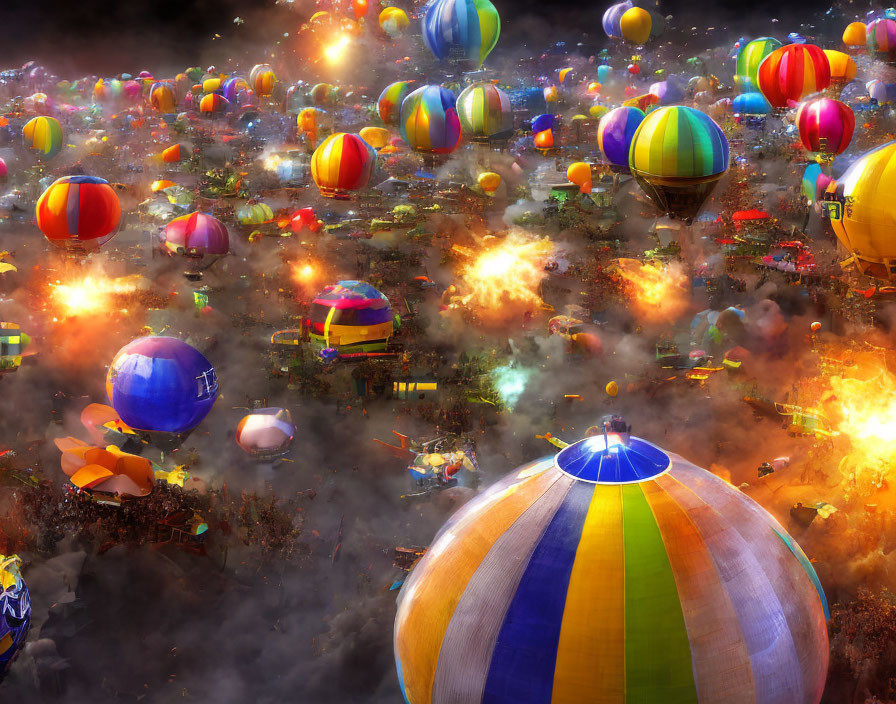 Vibrant hot air balloons launch in colorful scene