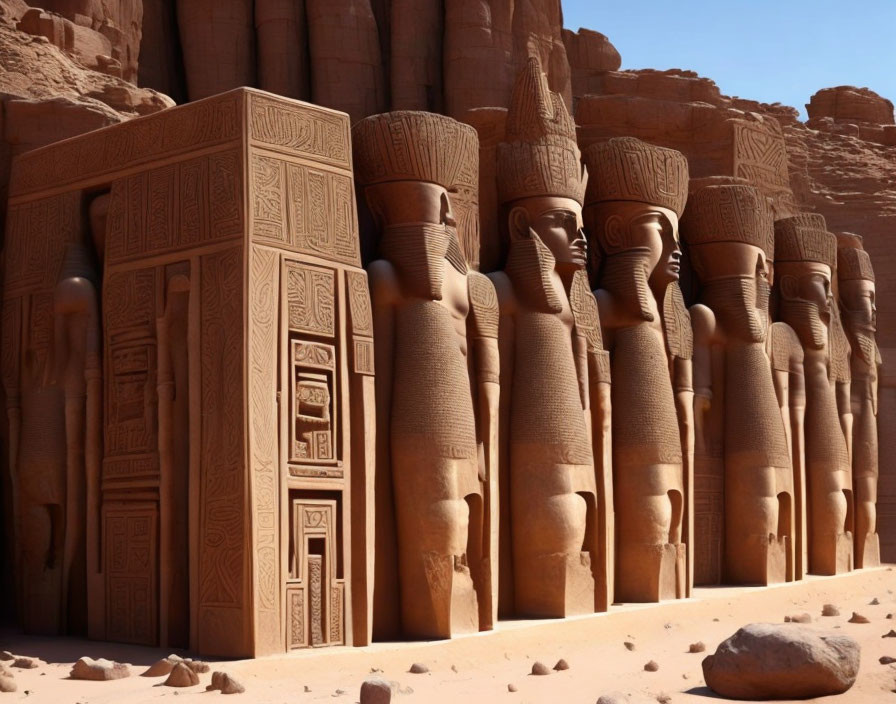 Ancient Egyptian temple with pharaoh statues carved in sandstone cliffs