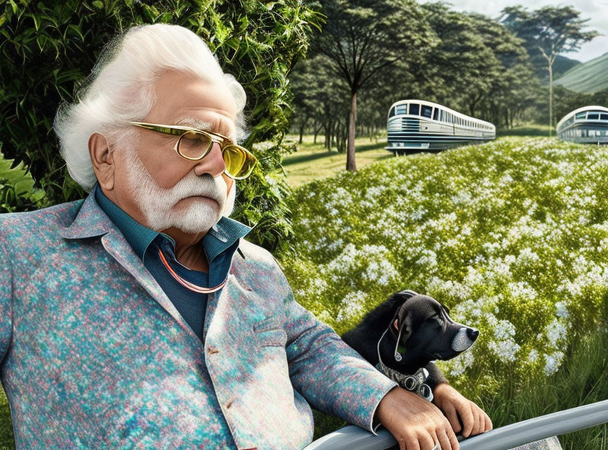 Elderly man with white beard and sunglasses beside a black dog, tram and greenery in background