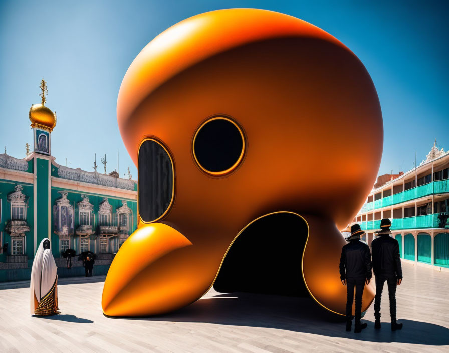 Oversized orange skull sculpture in public space with people and traditional architecture