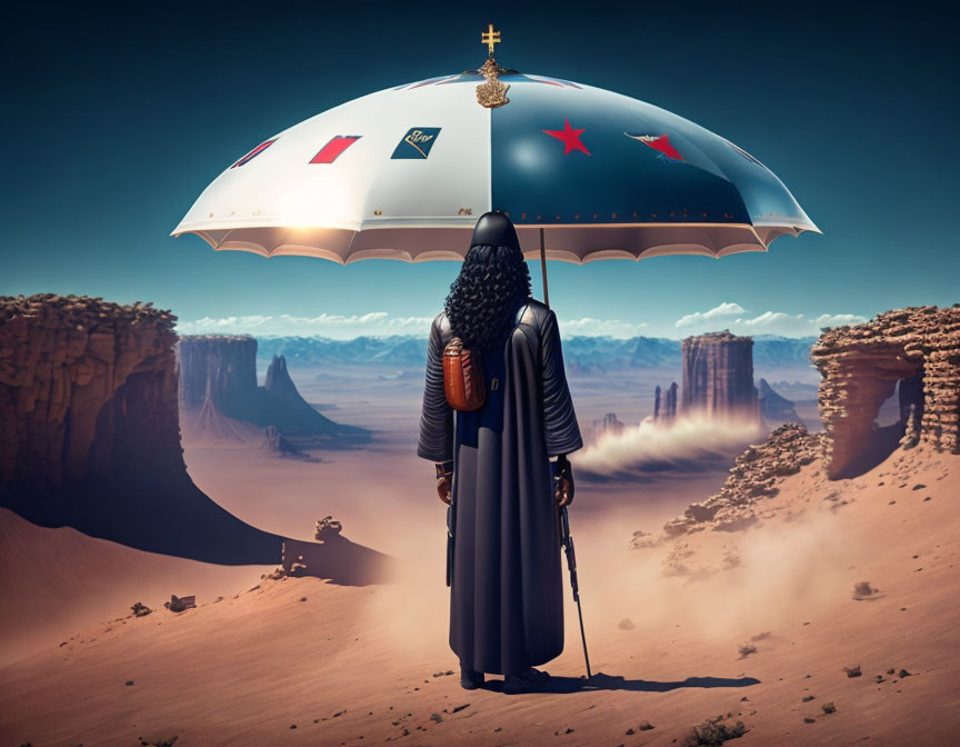 Cloaked Figure with Umbrella in Desert Landscape