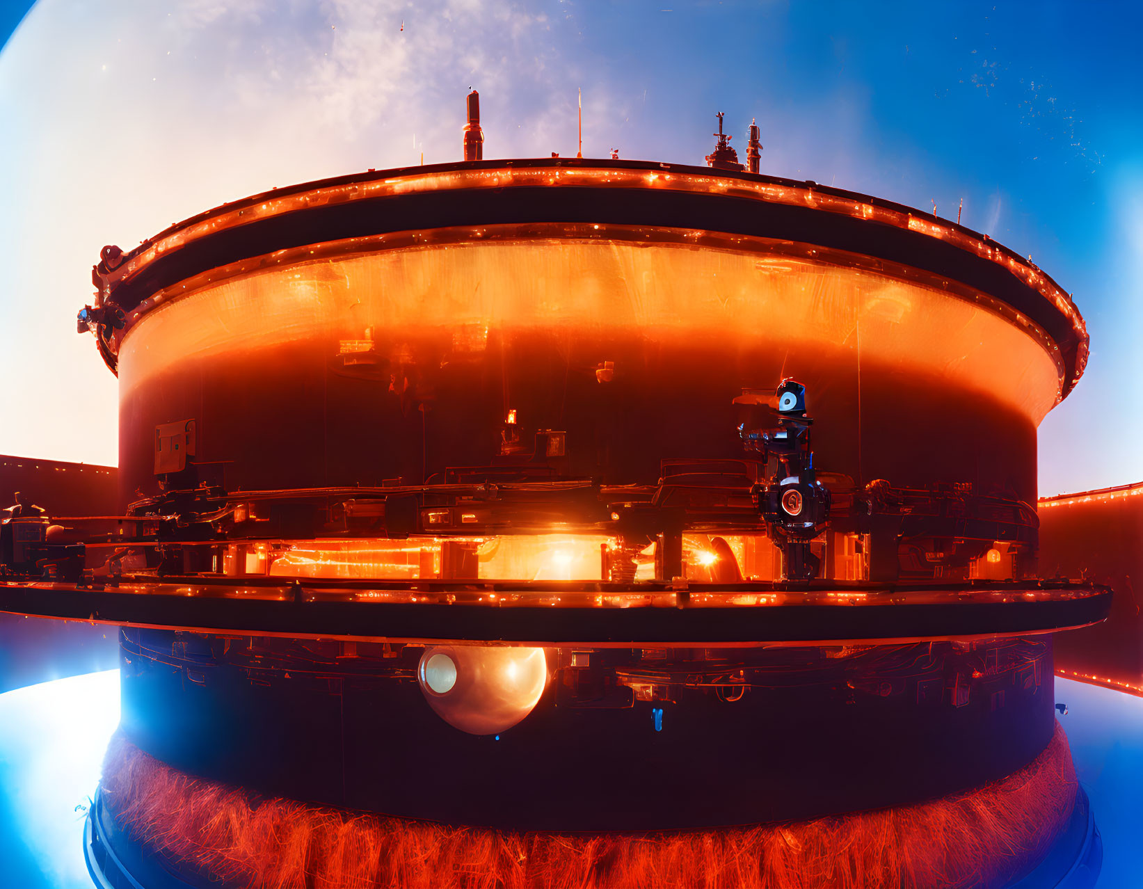 Futuristic industrial facility with large cylindrical tank and glowing blue light