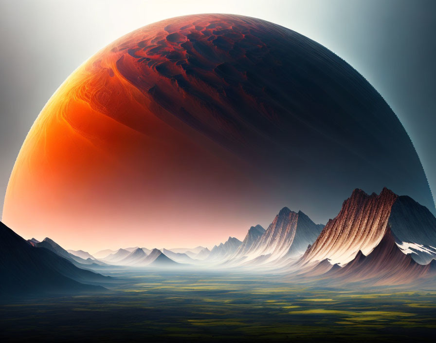 Surreal landscape with towering mountains and red planet.