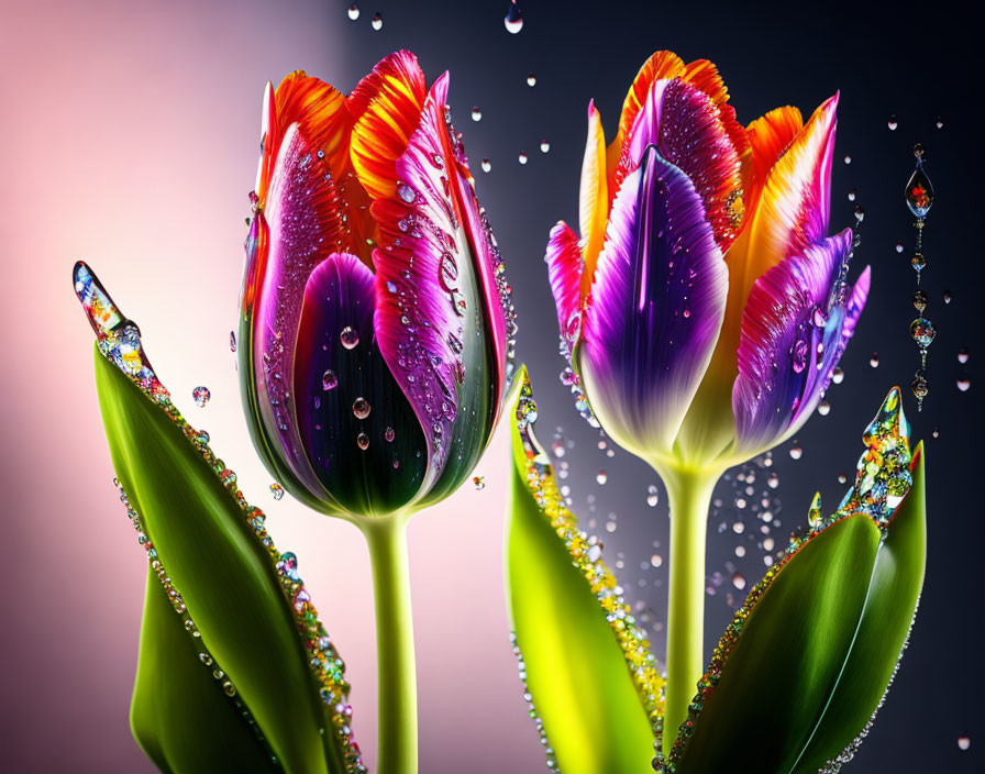 Colorful tulips with water droplets on petals on pink and purple background