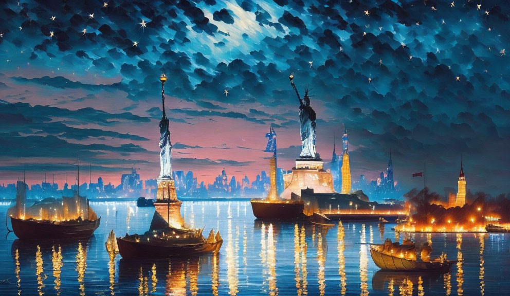 Night sky with New York skyline, Statue of Liberty, sailboats, and water reflection.