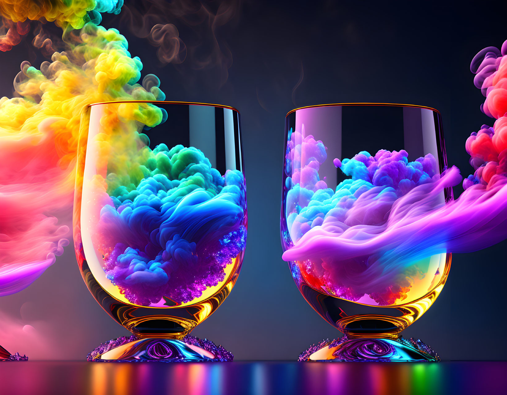 Colorful vibrant smoke swirling in two glasses on dark reflective surface