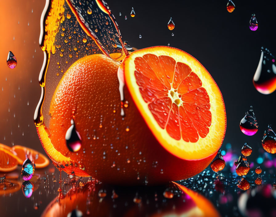 Bright Orange Half with Splashing Liquid on Dark Background