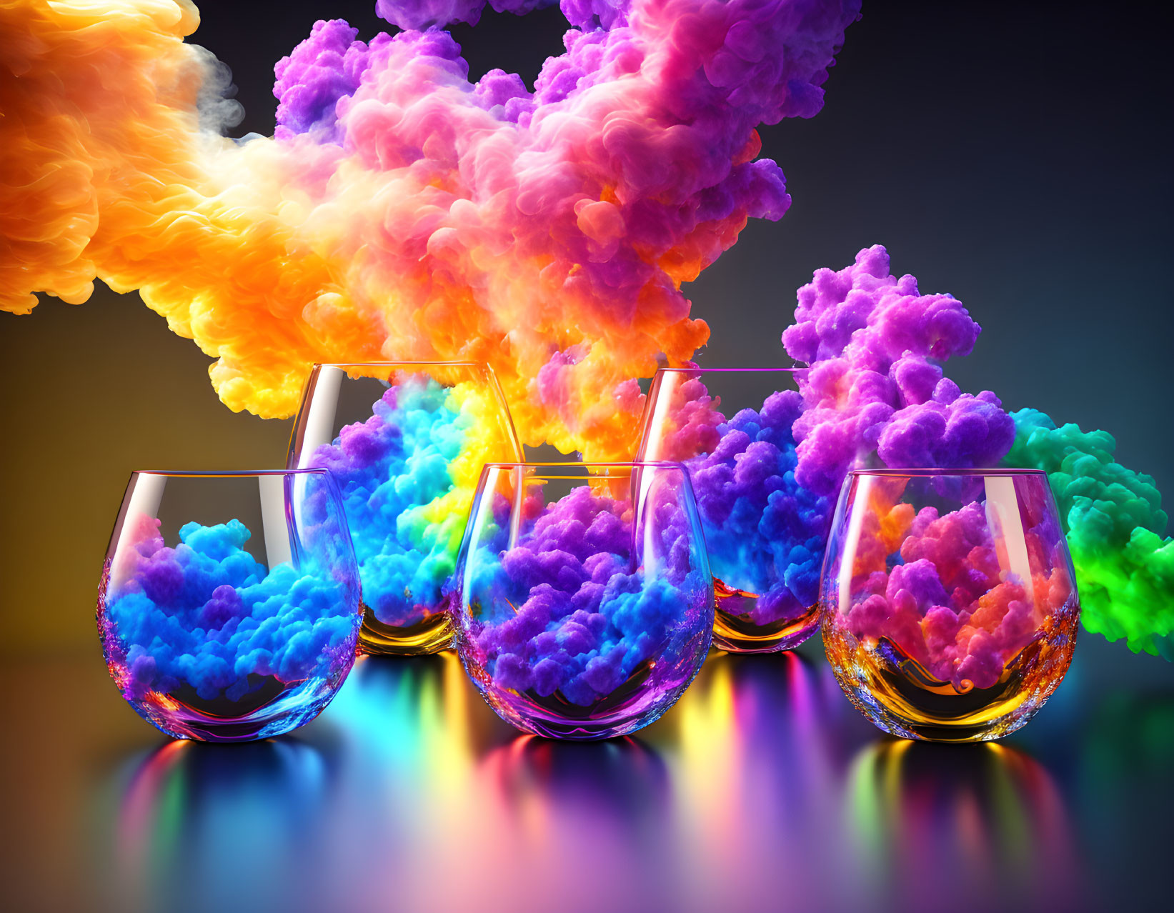 Vibrant colored smoke in five stemless wine glasses