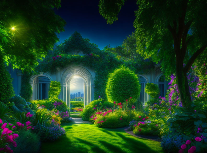 Tranquil garden with manicured hedges and vibrant flowers at dusk