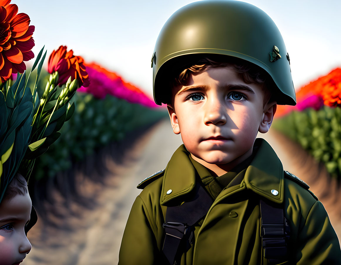 Young boy in military uniform with brown eyes in digital artwork