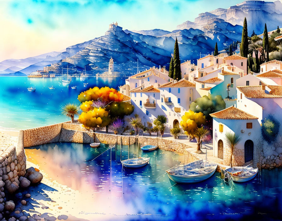 Scenic Mediterranean coastal village painting with boats and mountains