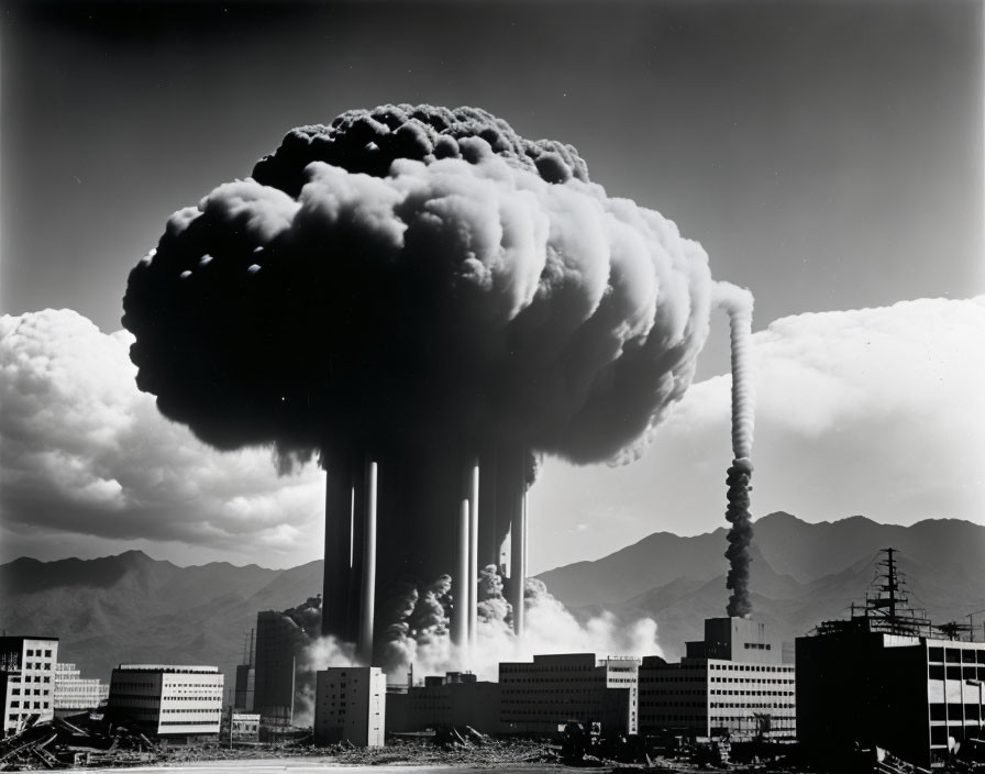 Monochrome photo of mushroom cloud over buildings and mountains