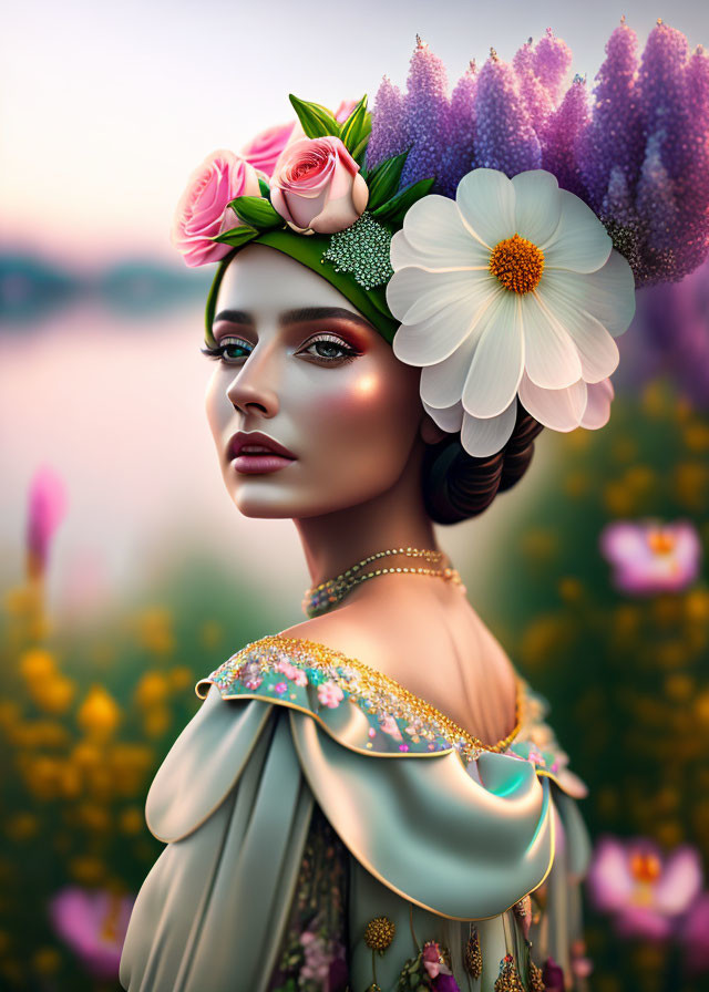 Stylized digital artwork of woman with floral headpiece