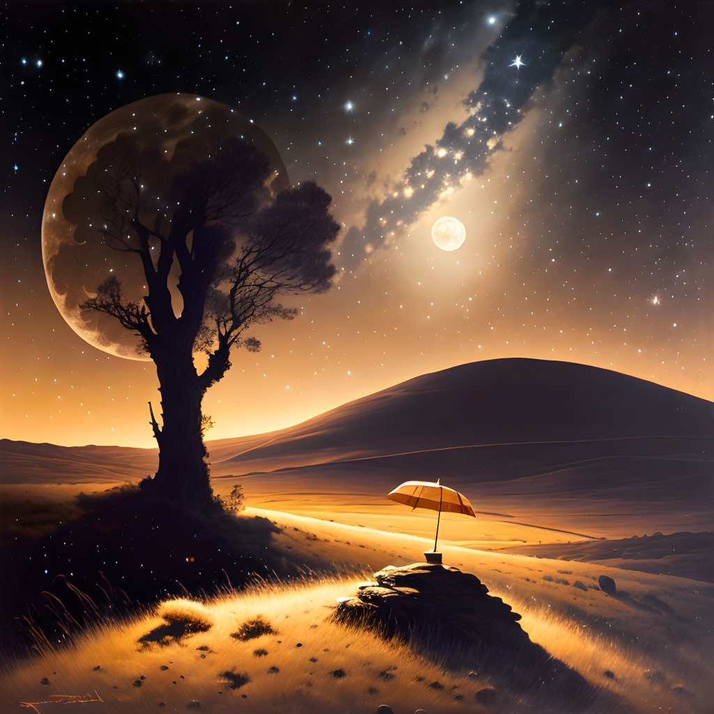 Solitary tree against full moon and umbrella on serene landscape