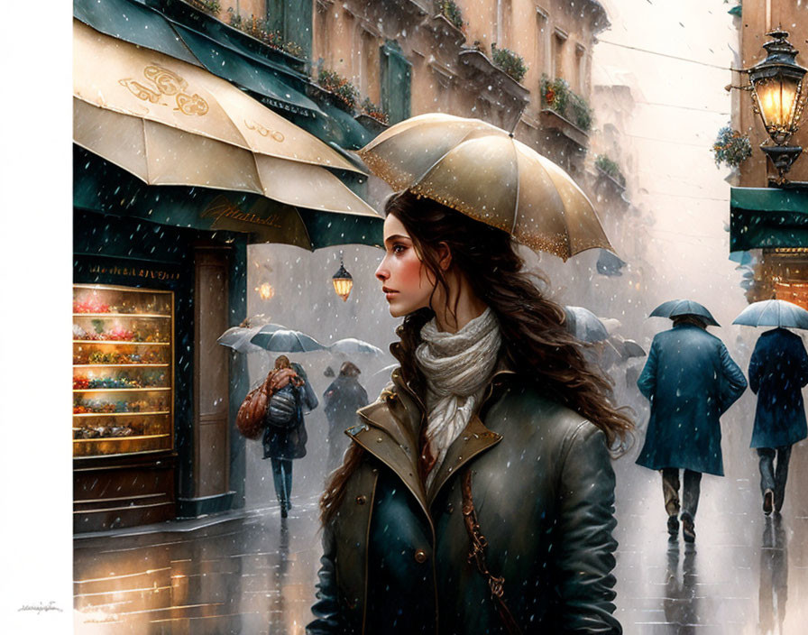 Woman with umbrella on snowy street with shop windows